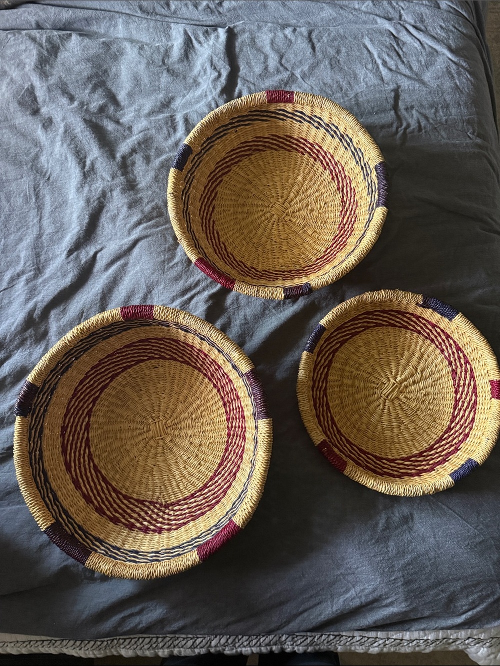 Set of 3- Handwoven Natural Straw Baskets Set with Red/Navy Accents